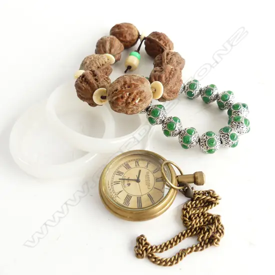 5 PCES; VINTAGE TIBETAN SILVER & JADE BEAD BRACELET, WALNUT SHELL BRACELET, COSTUME POCKET WATCH, 2 WHITE GLASS BANGLES