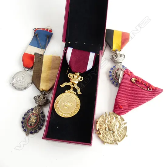 5 MEDALS; 2x BELGIAN LABOUR, FRENCH, SERBIAN & BELGIAN ORDER OF THE CROWN