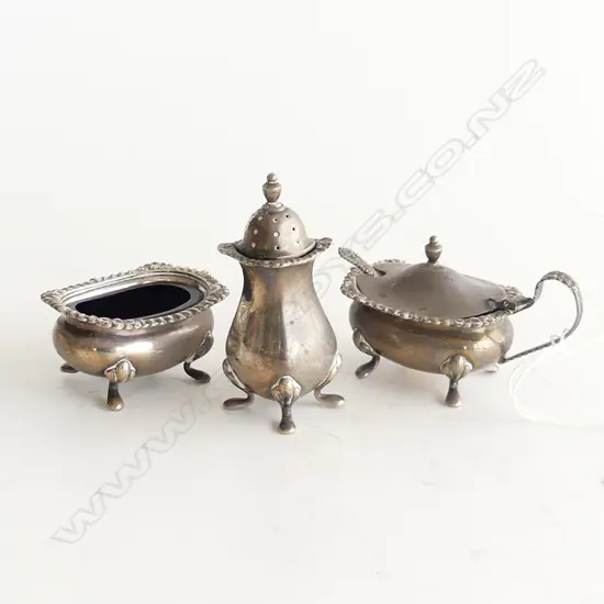 STG SILVER 3 PC CONDIMENT SET, PEPPERETTE (H. 80mm) SALT & MUSTARD DISHES W BLUE GLASS LINERS + SPOON 130gms silver wght