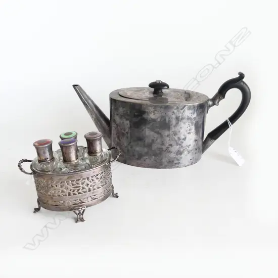 STG SILVER BASKET WITH 4 SCENT BOTTLES, GUILLOCHE LIDS, BIRM. 1922 (WEAR TO LIDS) + VINTAGE SILVER PLATE TEAPOT H. 160mm