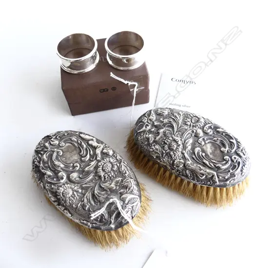 PR S/SILVER BOXED NAPKIN RINGS & PRS/SILVER BACKED  HAIR BRUSHES