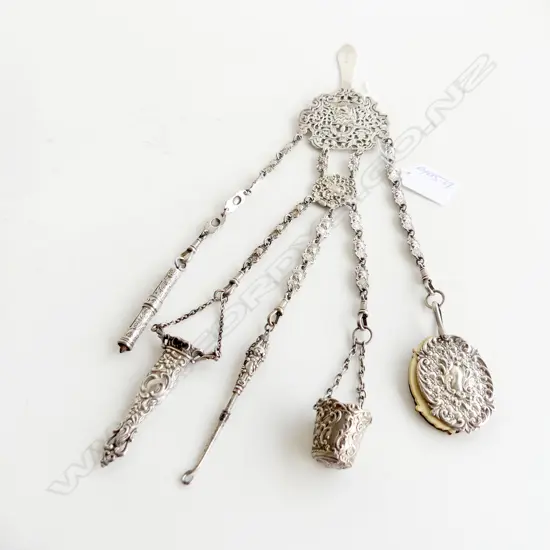 c1900 SILVER PLATE CHATELAINE w ivory note pad + thimble & scissor holder + hook & pencil L.290mm