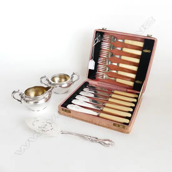 VINTAGE CASED FAUX BONE HANDLE 12PC FISH SET + CAKE SERVER & EPNS MILK JUG & SUGAR BOWL