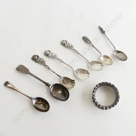 7 ASST. SILVER COFFEE SPOONS + NAPKIN RING 92 GRAMS