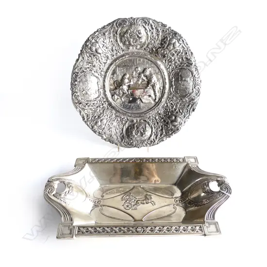 2 SILVER ON COPPER DISHES, TRAY W.365mm & PLATE 325mm dia