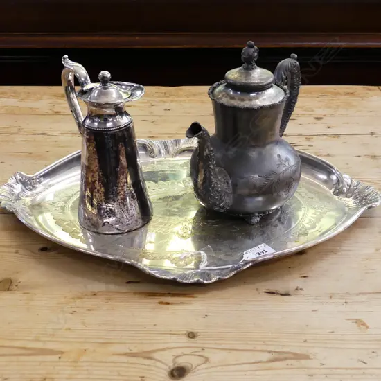 OLD SILVER PLATE TRAY WITH COFFEE POT & HOT WATER JUG