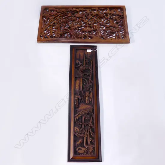 2 CARVED WOODEN ORIENTAL PANELS 885x225 / 400x780mm