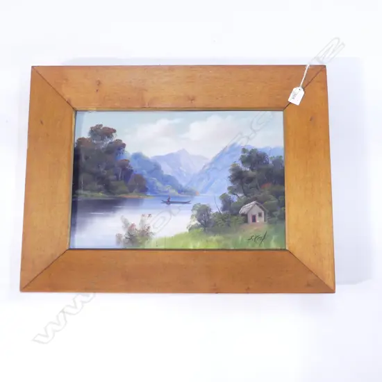S. CROFT COLONIAL OIL ON BOARD (Wanganui) River scene w waka & whare 290 x 445mm