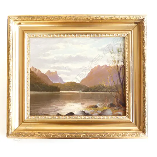 OIL ON BOARD, LAKE SCENE, ARTIST UNKNOWN, 230 X 440mm