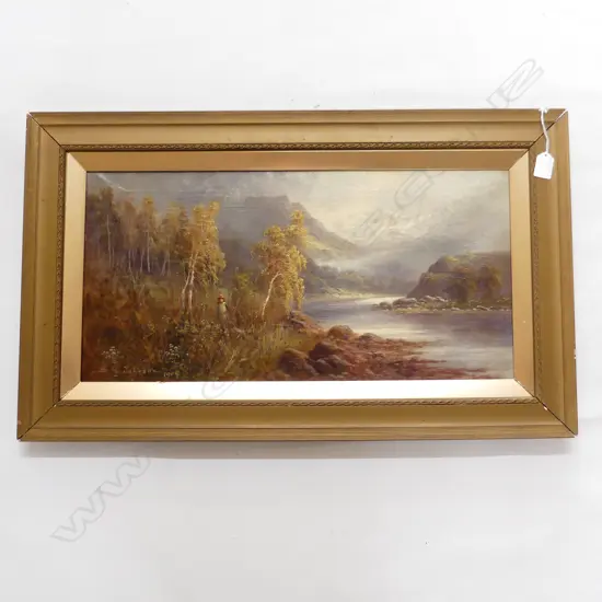 S JOHNSON, MOUNTAIN, RIVER SCENE, 1909, OIL ON CANVAS 300 X 600mm