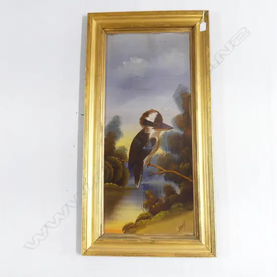 LG COLONIAL OIL ON BOARD, LANDSCAPE w. KOOKABURRA, SIGNED LEWIS 775x330mm some faults