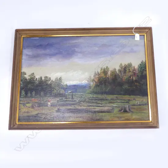 LUMBERJACKS, C1920, OIL ON BOARD, ARTIST UNKNOWN, 470 X 680mm