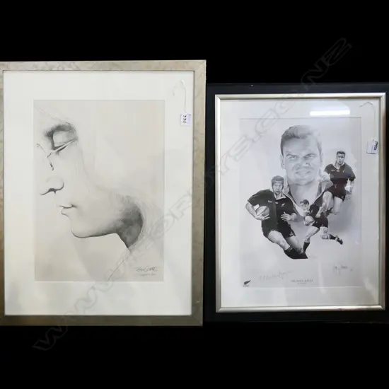 TWO FACSIMILE FRAMED PRINTS. MICHAEL JONES ' ICEMAN' 405X290mm + TOM SCOTT PENCIL SKETCH OF JOHN LENNON 430X300mm