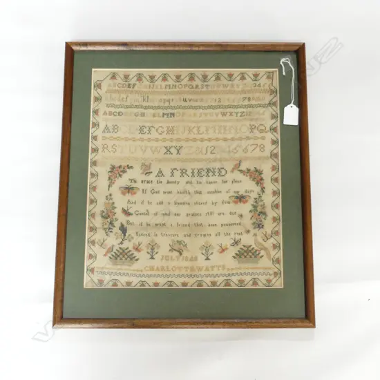 OLD ORIGINAL FRAMED SAMPLER. WITH ALPHABET AND INSCRIPTION ' A FRIEND' CHARLOTTE WATTS 1848. 310X370mm