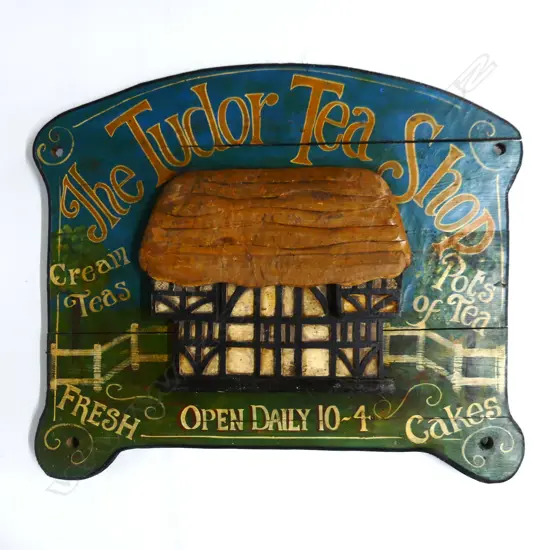 VINTAGE STYLE PAINTED WOODEN SHOP SIGN; THE TUDOR TEA SHOP 700x800mm