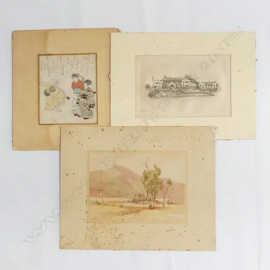 HILDA WISEMAN LANDSCAPE W/C 180x265mm, JAPANESE PRINT, AUCKLAND BOYS GRAMMAR ETCHING - ALL w. FOXING