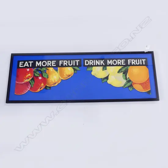 'EAT MORE FRUIT DRINK MORE FRUIT'  Joseph Moran 1930s 2x coloured advertising cards on blue. 270x810mm