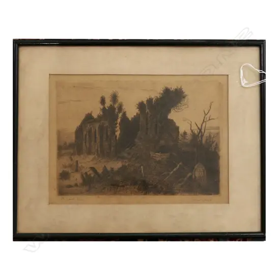 TREVOR LLOYD etching  'A LONELY RUIN' ST.JOHN'S CHURCH West Tamaki 200 x 270mm detailed verso 