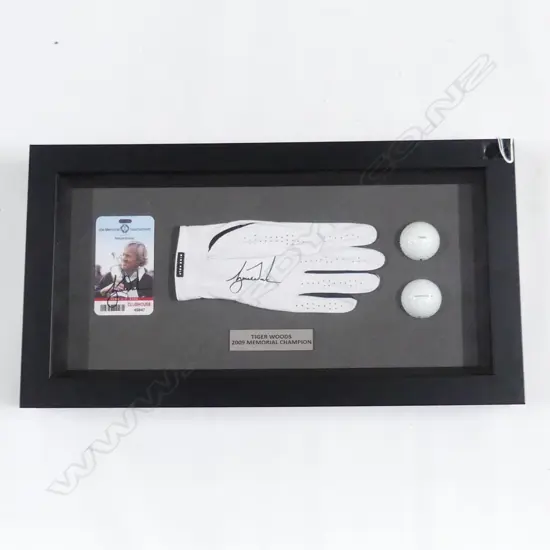TIGER WOODS SIGNED GOLF GLOVE & PASS, 2009 MEMORIAL TOURNAMENT 280x520mm overall
