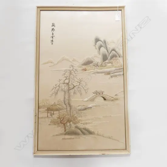 VINTAGE CHINESE SILK EMBROIDERY ext. coastal scene 695 x 420mm (21373)