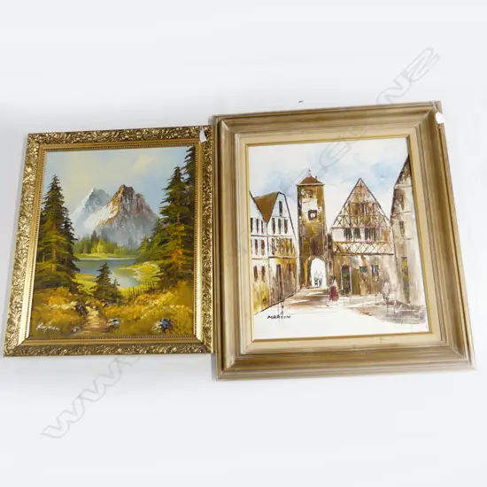 2 LG SIGNED OILS; MOUNTAIN LANDSCAPE, EUROPEAN TOWN 590x495mm