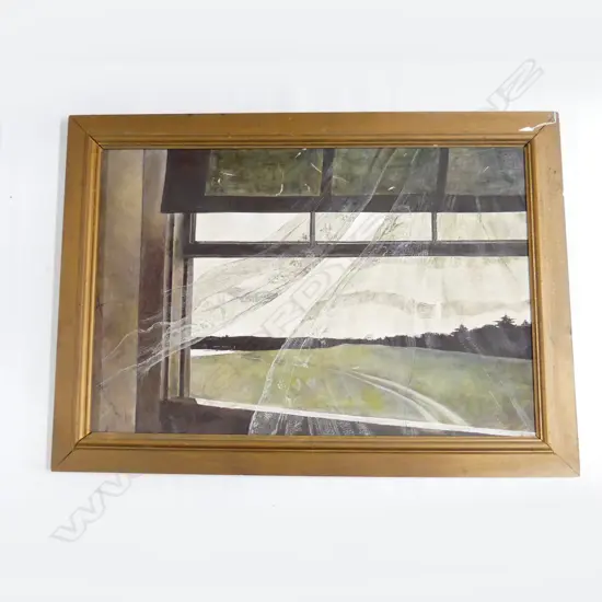 ARTIST UNKNOWN, OPEN WINDOW WITH CURTAINS BLOWING, OIL ON CANVAS 650x985mm 