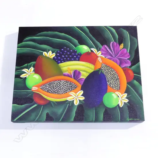 OIL PAINTING ON CANVAS OF VARIOUS TROPICAL FRUITS BY DANIELLE HULME AN ARTIST WITH DUTCH AND SAMOAN ROOTS. 400X500mm