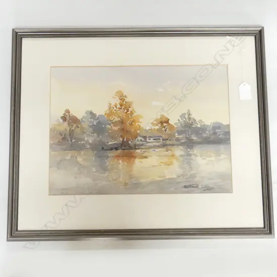 W/C BY BIRCHNELL DELFT.OF TREES & LAKE AT SUNSET. SIGNED 265X365mm