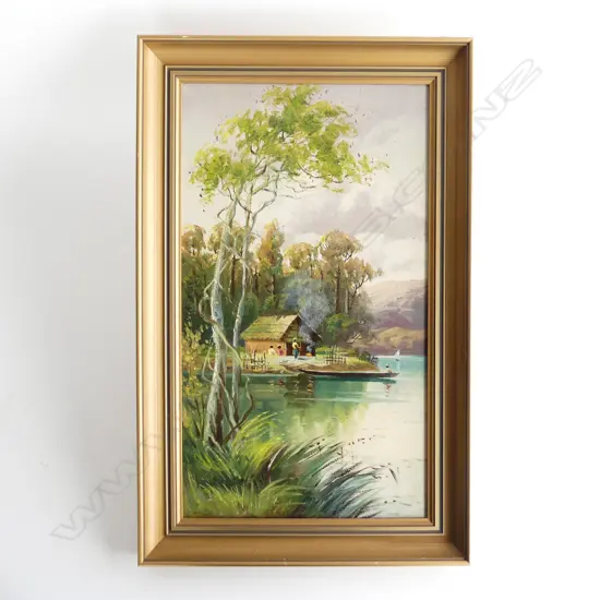 MAORI SETTLEMENT, OIL ON BOARD, ARTIST UNKNOWN, 470 X 265mm