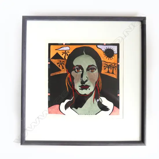CHRISTINE MARY HILLER (AUST. b.1948) 'SELF-PORTRAIT IN EGYPT' HAND COLOURED LINOCUT '87 335x330mm 