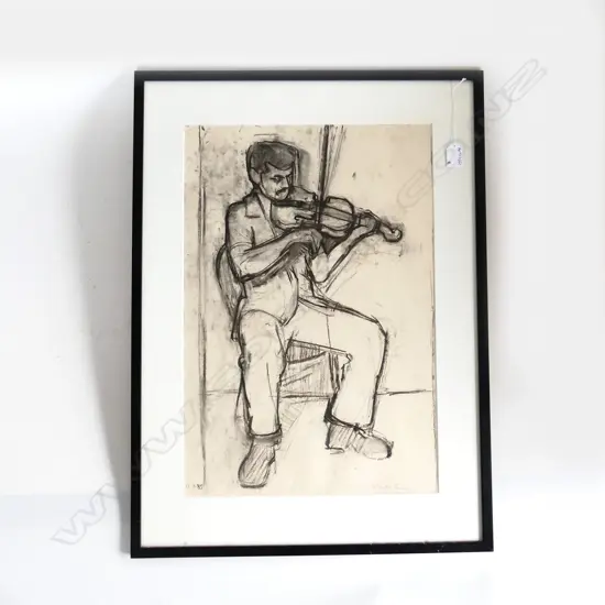 MICHAEL MCGUINNESS (UK b.1955), MAN PLAYING VIOLIN, CHARCOAL ON PAPER, SIGNED & DATED 17.7.85 555x375mm