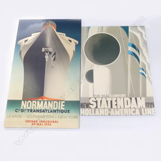 TWO LARGE  SHIPPING POSTERS ON BACKING BOARD. ' NORMANDIE TRANSATLATIQUE' 975X590mm & ' HOLLAND AMERICA  1929  800X580mm