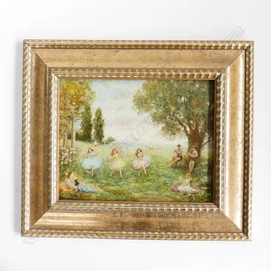 DANCERS IN LANDSCAPE, OIL ON BOARD, ARTIST UNKNOWN, 190 X 240mm