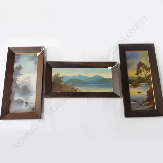  3 COLONIAL OIL ON BOARD LANDSCAPES; PAUL WREN (DAMAGE), PELORUS SOUND, LAKE 610x230mm