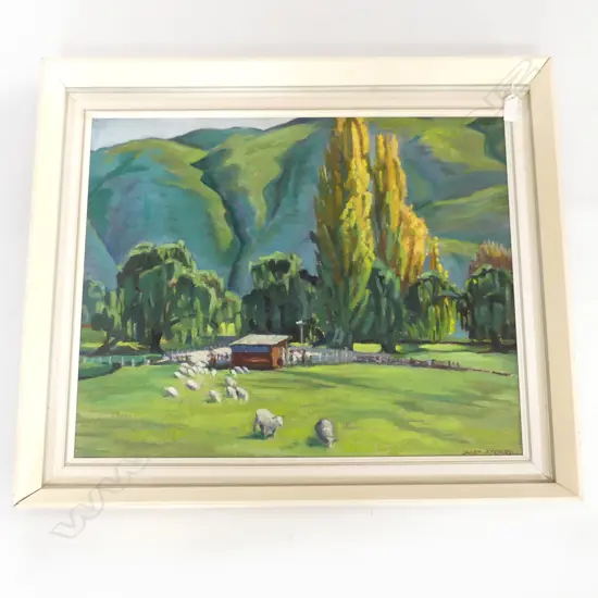 JANET ATCHLEY, SHEEP IN LANDSCAPE, OIL ON BOARD, 430 X 530mm