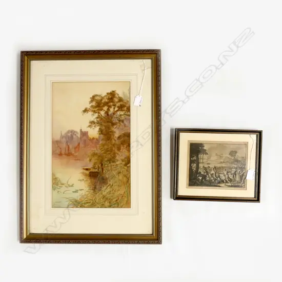 JM AVRICE, CASTLE SCENE, WATERCOLOUR, SIGNED, 400 X 250mm + 1 OLD B&W  PRINT 175 X 140mm