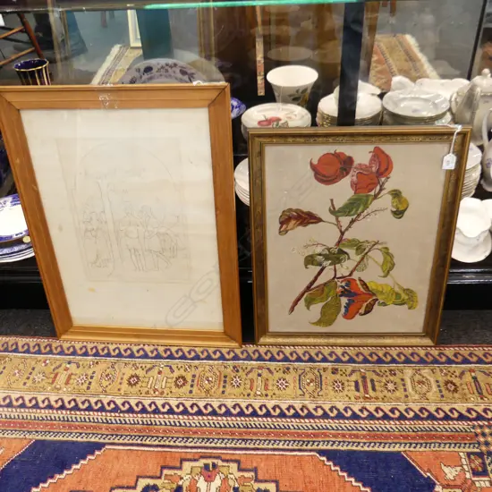 2  WORKS INCLUDING SKETCH AFTER PIERO DELLA FRANCESCA, 'THE BAPTISM OF CHRIST' 380X270 & PAINTING OF PLANT 500X400