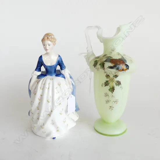 ROYAL DOULTON LADY FIGURINE 'ALISON', H. 200mm + VINTAGE FROSTED GREEN VASE.HAND PAINTED BIRD, H. 215mm