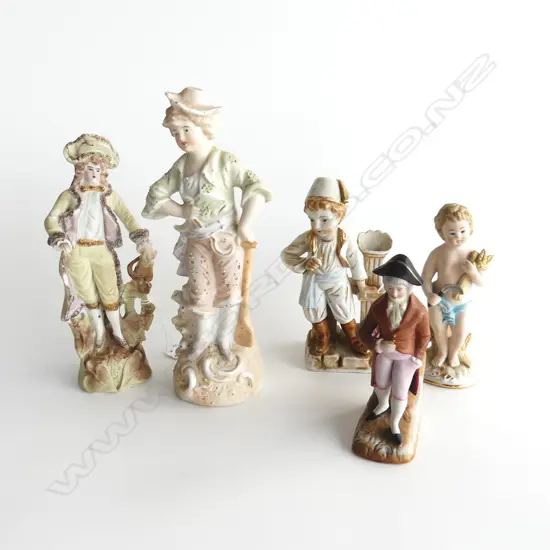 3 BISQUE FIGURINES AND 2 BISQUE SPILL HOLDERS