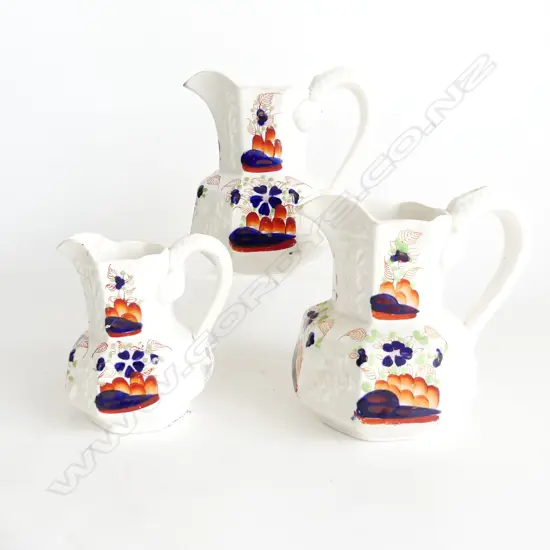 3 ANTIQUE GAUDY WELSH IMARI IRONSTONE JUGS; REPAIRS