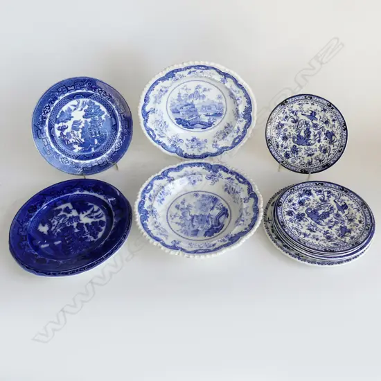 10 B/W CHINA PLATES + 2 VICTORIAN SOUP BOWLS