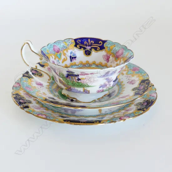 ROYAL DOULTON TRIO, CHINESE GILDED PAGODA, EX COND.