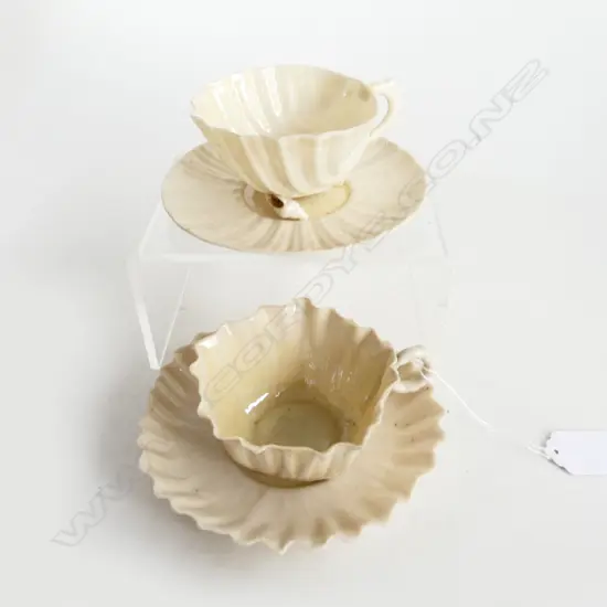 2 BELLEEK NEPTUNE CUPS & SAUCERS, BLACK MARK 2 1891-1926