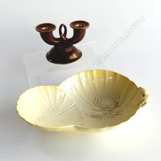 CARLTONWARE HANDPAINTED DISH, ‘LOTUS’ BOWL AND ROUGE ROYALE CANDLE HOLDER. 