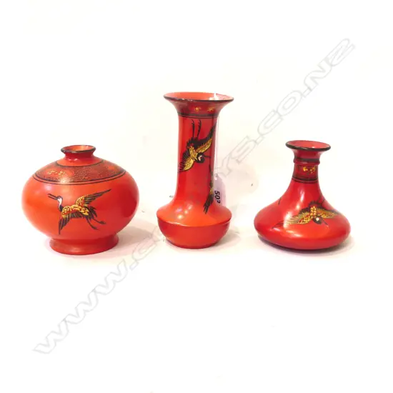 3 SHELLEY RED STORK VASES #8590, 1912-25, H. 90, 95, 130mm EX COND