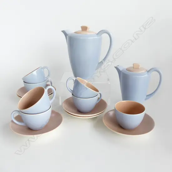 POOLE PEACH BLOOM AND SEA MIST COFFEE POT/HOT WATER JUG/SUGAR/AND 6 CUPS AND SAUCERS H 140 MM