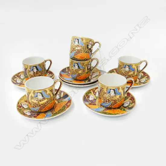 6 VINTAGE SATSUMA MINI COFFEE CANS & SAUCERS, HAND DECORATED, EX COND