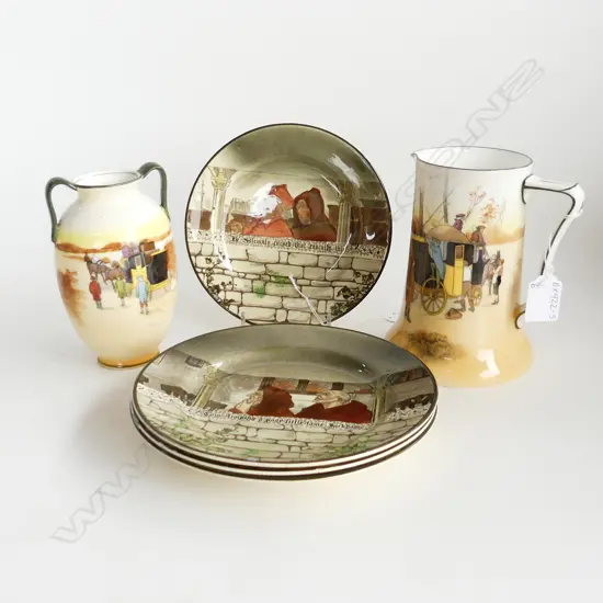 ROYAL DOULTON; 4 SHAKESPEARE WARE PLATES (DIA 190, 170mm) COACHING SERIES JUG (H.155mm) & VASE (H.150mm)