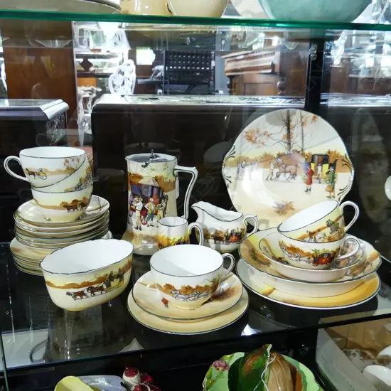 27 PCES ROYAL DOULTON 'COACHING DAYS'; 6 CUPS, 7 SAUCERS, 6 SIDE PLATES, 3 JUGS, 3 BOWLS, 2 PLATES