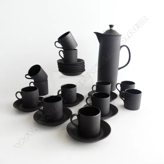 WEDGWOOD BLACK BASALT DEMITASSE SET; COFFEE POT H.255mm, 12 CUPS & 13 SAUCERS